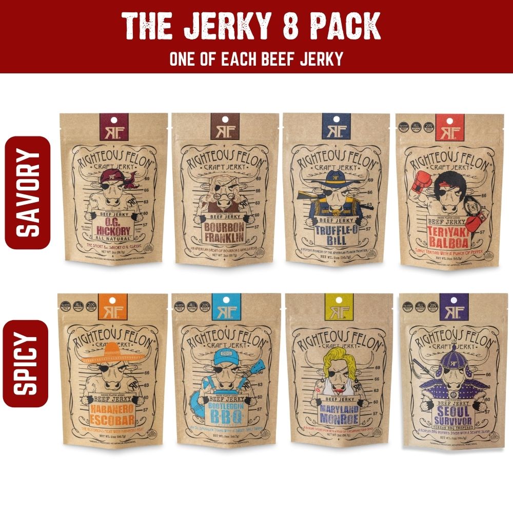 Righteous Felon Premium Beef Jerky Protein Pack | 8 Meat Snacks